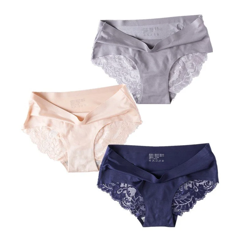 3 Pcs/Set Sexy Seamless Panties Women Lace Underwear Briefs Low Rise Ladies Silk Plus Size Solid Soft Transparent Panty Lingerie