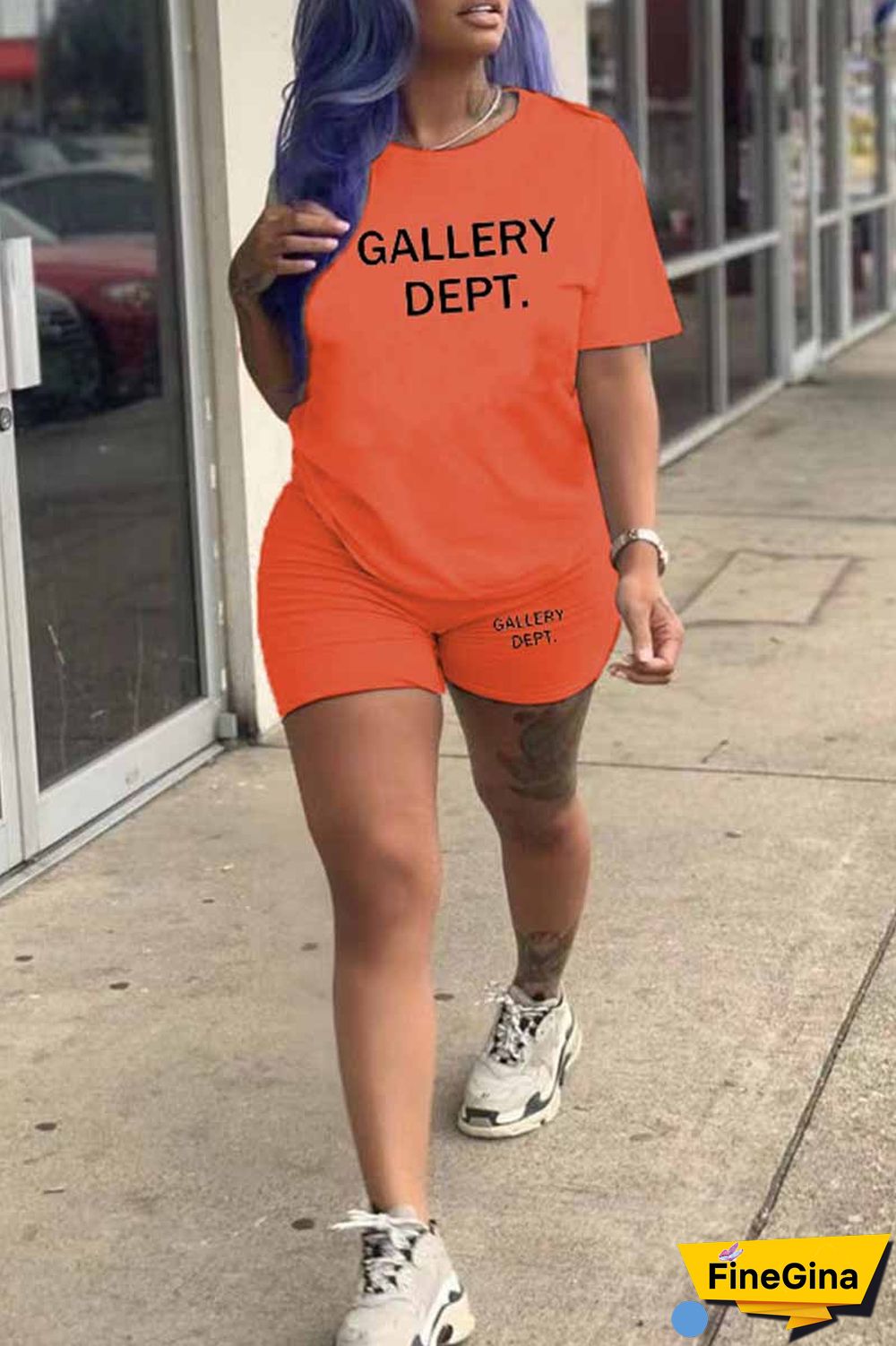 Purple Casual Print Letter O Neck Short Sleeve Two Pieces