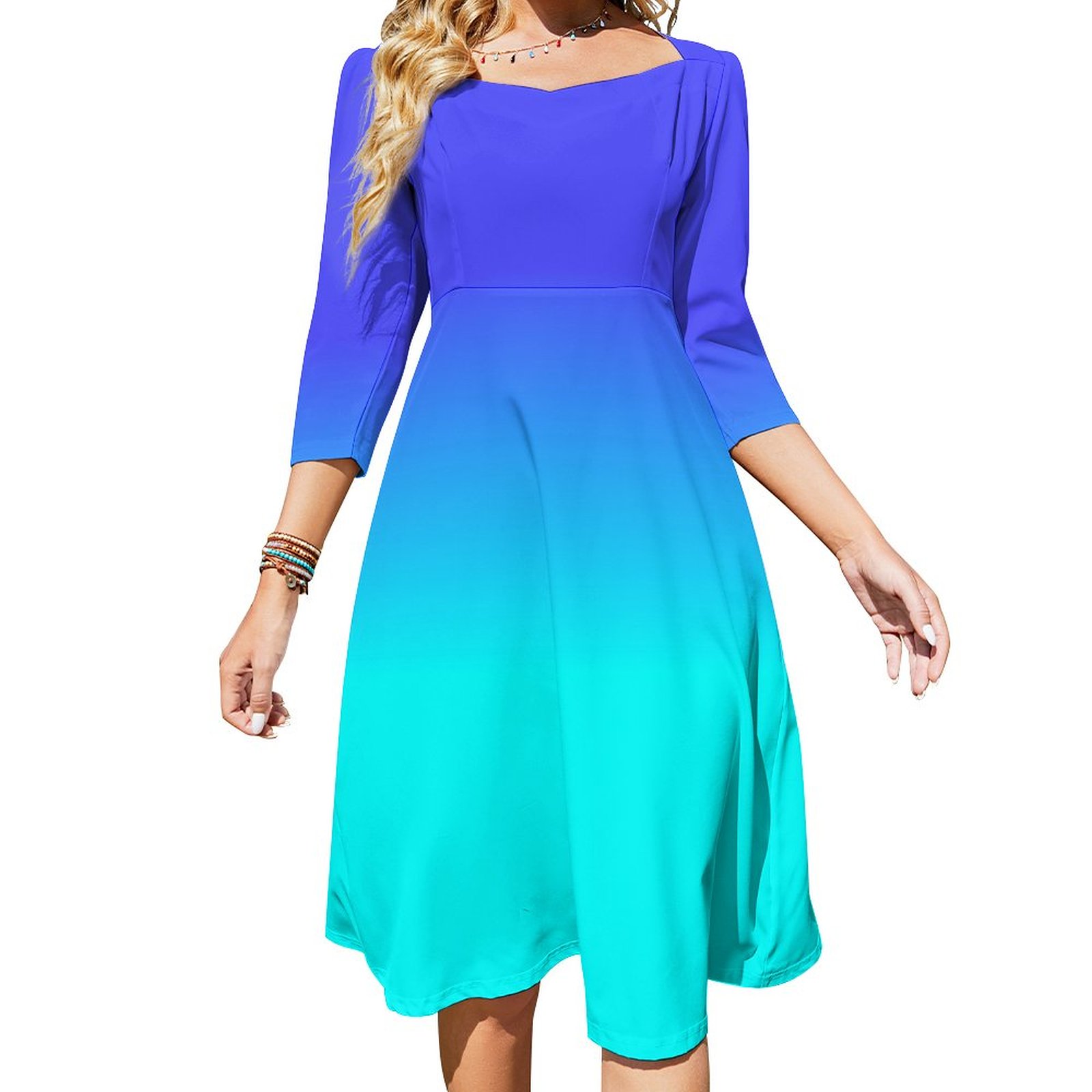 Neon Blue And Bright Neon Aqua Ombre Shade Color F Dress Sweetheart Tie Back Flared 3/4 Sleeve Midi Dresses