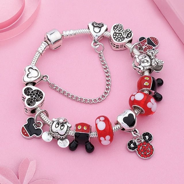 YOY-Red Crystal Mickey Minnie Pendant Bead Bracelet