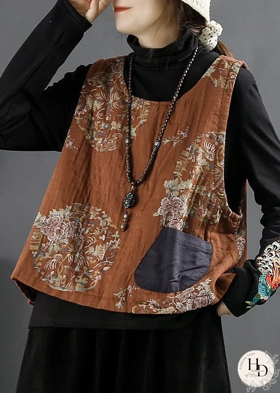 Vintage Orange O Neck Print Pockets Thick Waistcoat Sleeveless