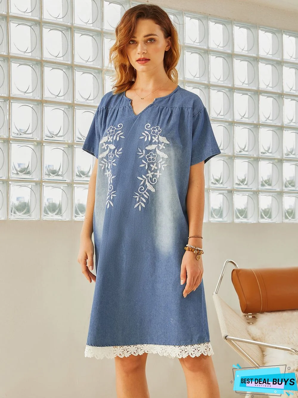 Short Sleeve Crew Neck Vintage Lace Weaving Dress