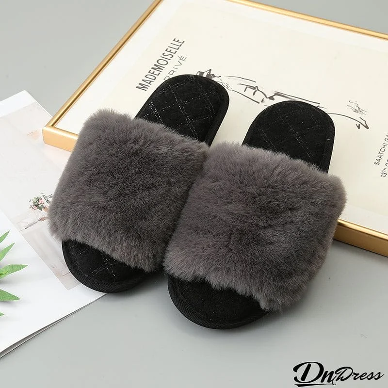 Faux Fur Open Toe Slippers