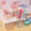 Cute Transparent Cartoon Printed Acrylic Pens Container Blushes Stationery Student Table Organizer 
