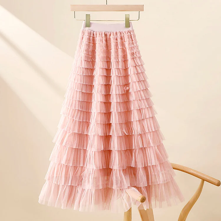 Ladies Solid Color Ruffle Guazy Midi Skirt SKS41176