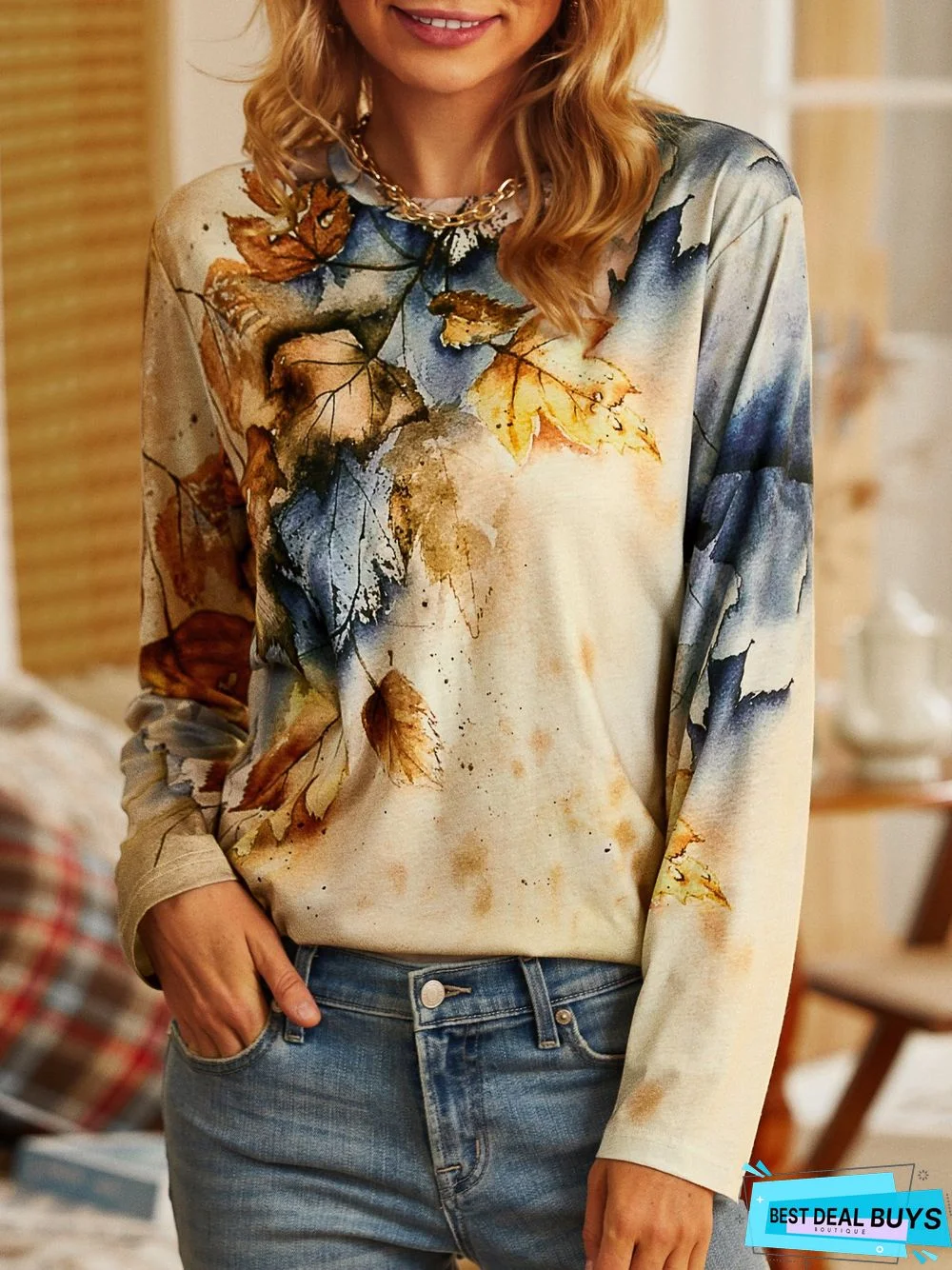 Leaf Printed Long Sleeve Casual T-Shirt