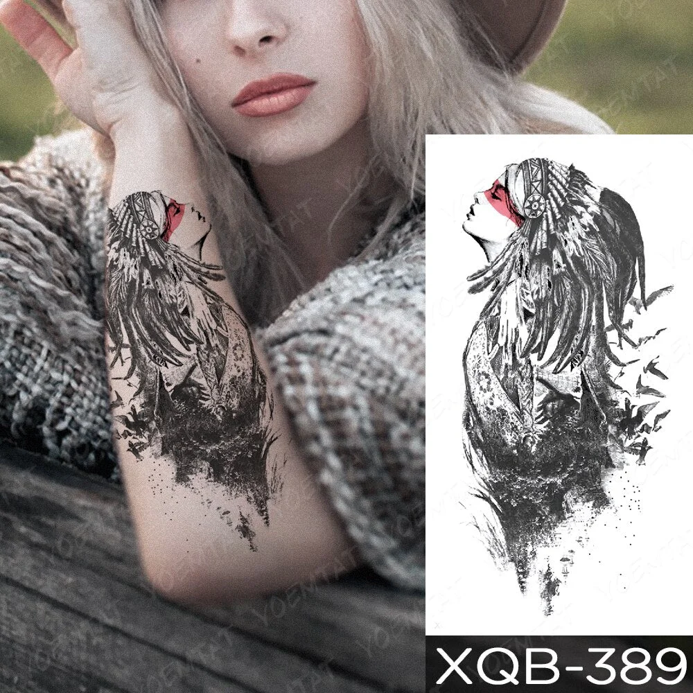 Waterproof Temporary Tattoo Sticker Sword Prajna Flowers Tattoos Indian Eagle Dragon Tiger Body Art Arm Fake Sleeve Tatoo Women