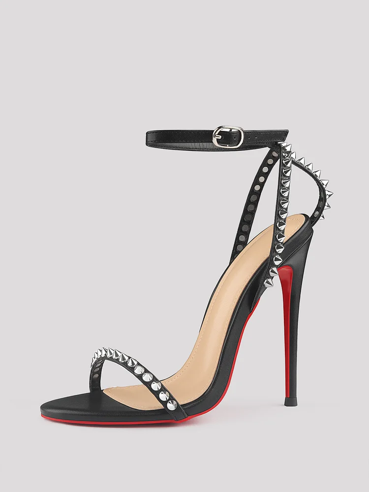 120mm Women's Open Toe Sandals Stiletto Red Bottom High Heels Ankle Strap Rivet Studs Shoes