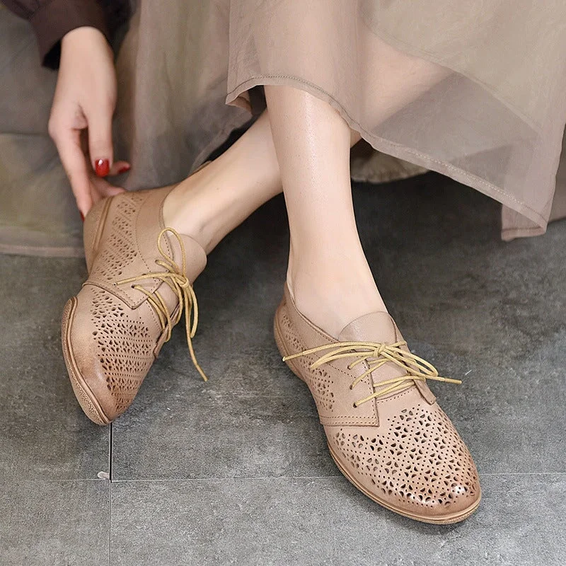 Perforated Design Genuine Leather Lace Up Oxfords for Women Soft Flats Coffee/Apricot