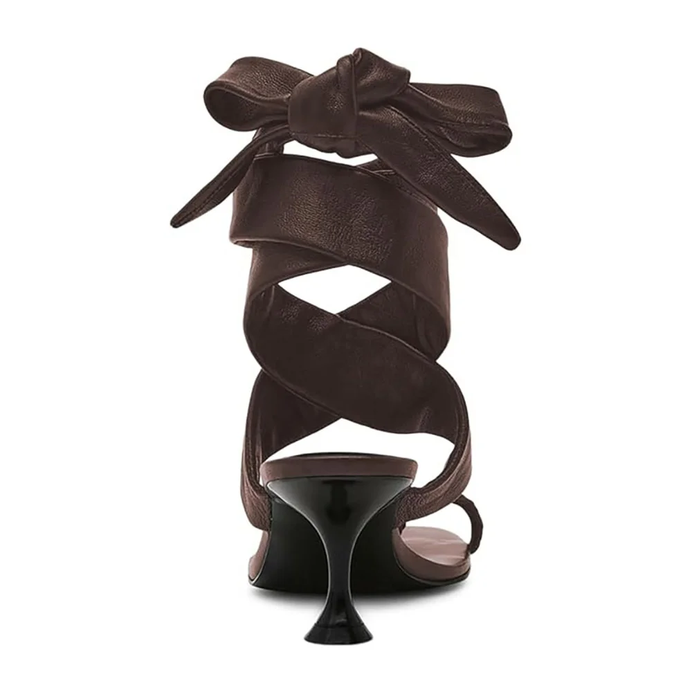 Fashion Brown Faux Leather Spool Heel Cross Lace Up Toe Ring Sandals