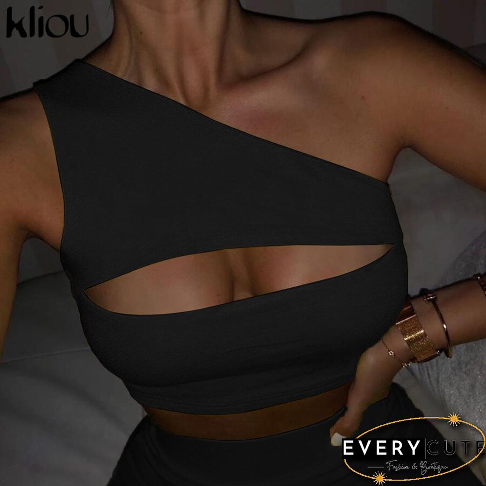 Kliou Classic Women Neon Color Two Pieces Set Off Shoulder Hollow Out Crop Top Elastic