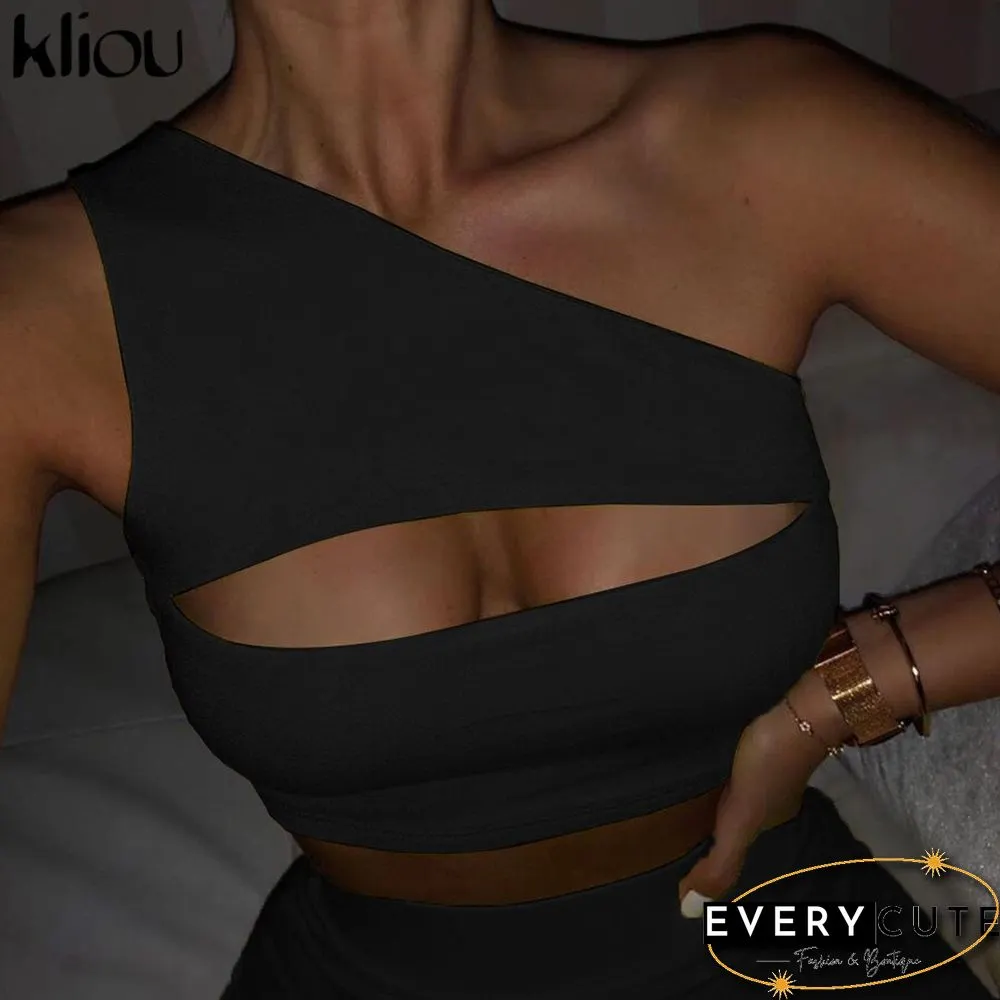 Kliou Classic Women Neon Color Two Pieces Set Off Shoulder Hollow Out Crop Top Elastic