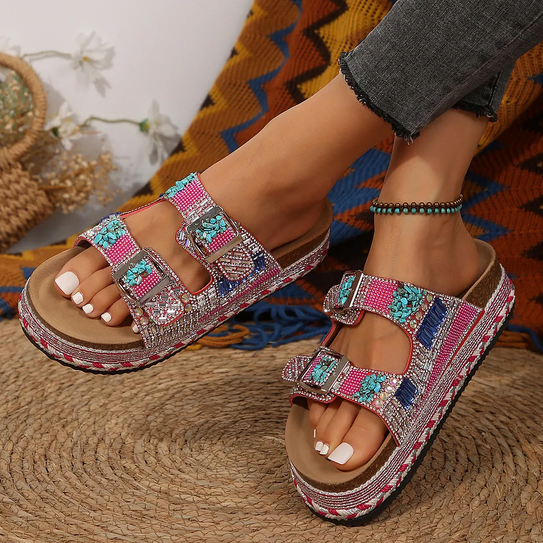 Breakj Breakj New Thick Bottom Rope Double Buckle Drill Softwood Beach Slippers Large Size Women's Shoes