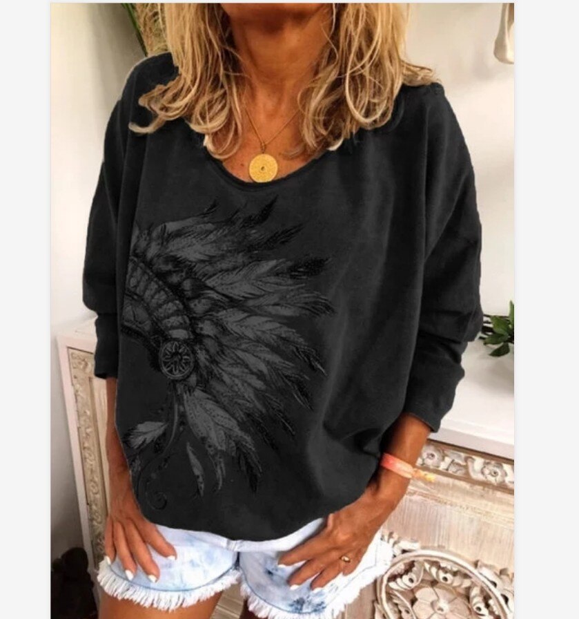 Loose Casual Digital Feather Printing T Shirt Long Sleeve O Neck Ladies Tee