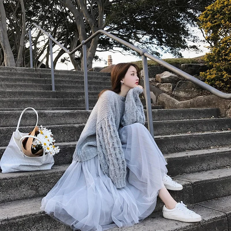 Women Two Piece Sets Autumn Winter Sweater Girls Loose Simple Knitting Tops Womens Mesh Elegant Casual Korean Style Fashion Chic