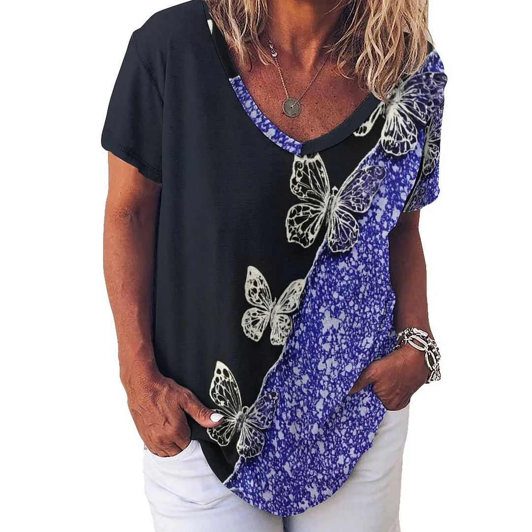 V-neck Short Sleeve Casual T-shirt for  Women Printed with Pattern Purple, Butterfly, Glitter
