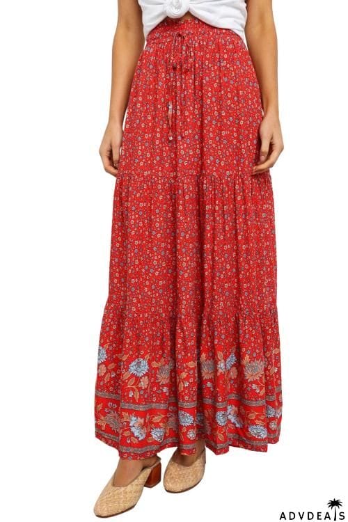 Boho Floral Print Elastic High Waist Pleated A Line Maxi Skirt