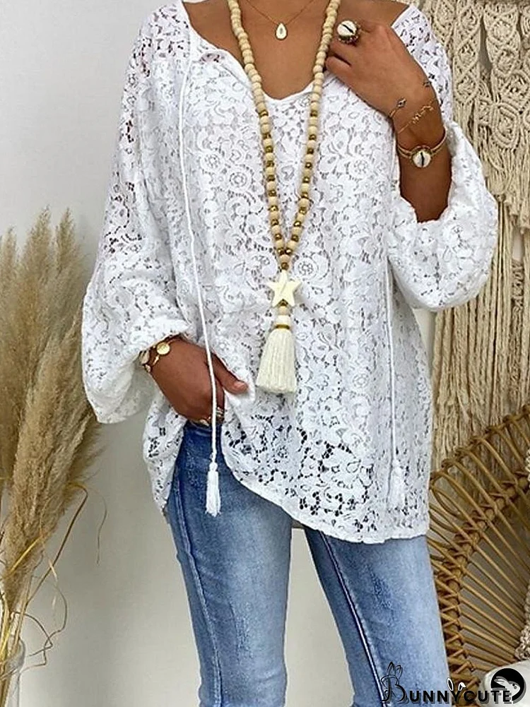 Women's Plus Size Blouse Shirt Floral Flower Long Sleeve Lace Hollow Out V Neck Tops Loose Lace Casual Basic Top