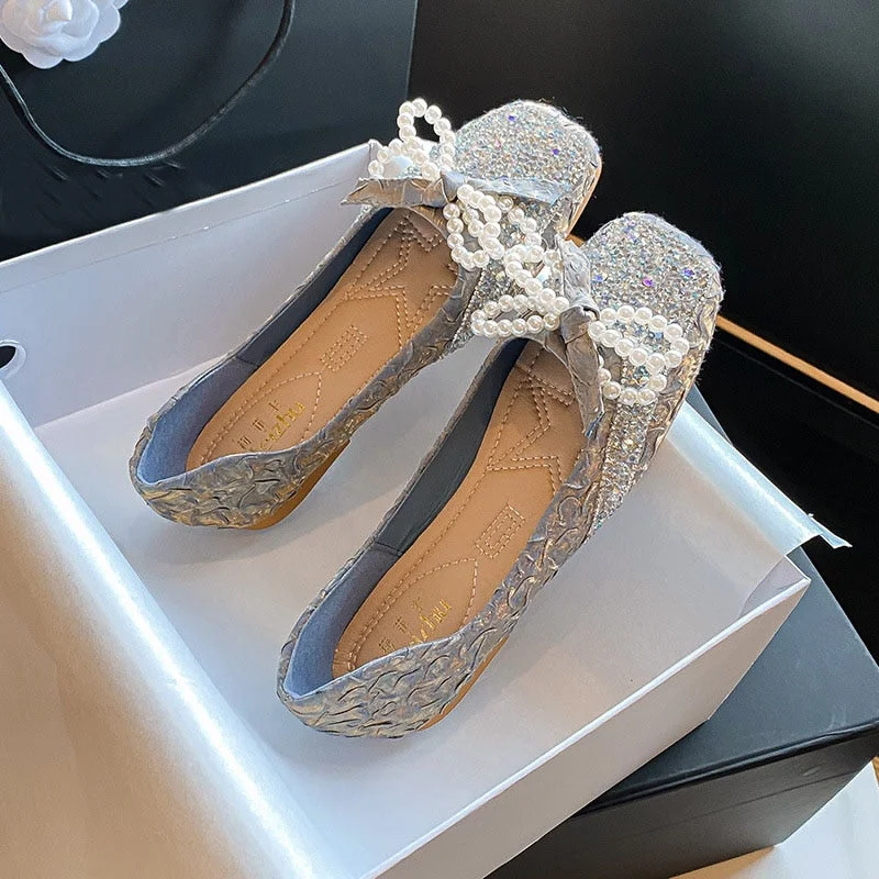pearl strings bow flat shoes women glitter lolita shoes pleated slik square toe slip on loafers women espadrilles big size 43