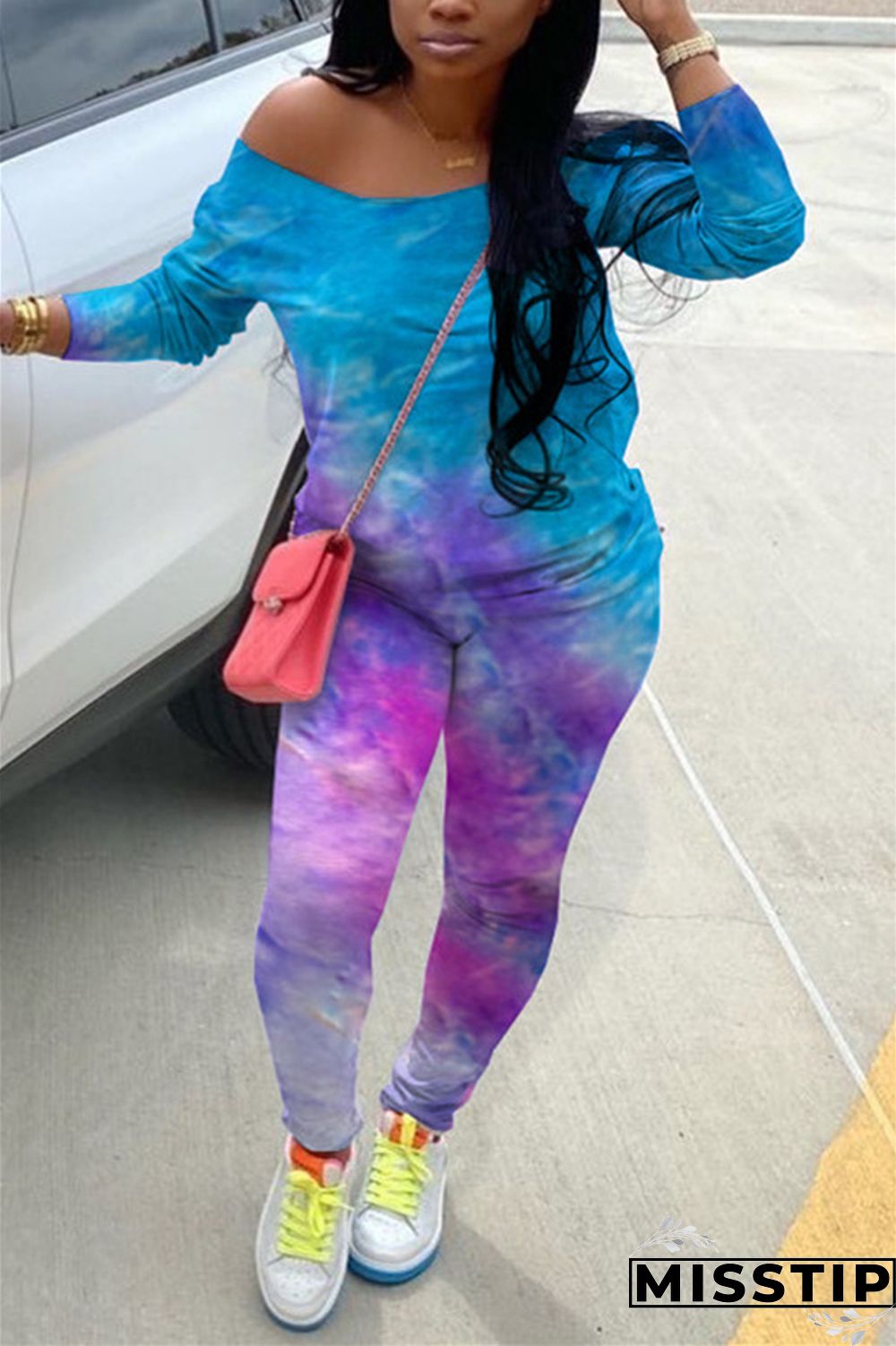 Light Blue Fashion Casual Long Sleeve Oblique Collar Regular Sleeve Regular Print Tie Dye Two Pieces