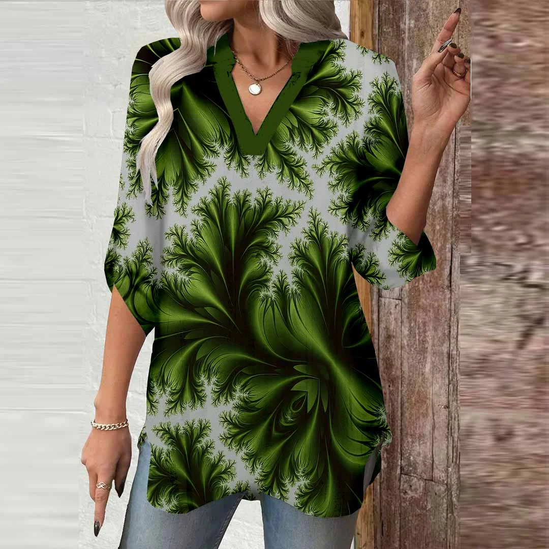 Women Textured,Green,Silver DZGA0726 3/4 Sleeve V-neck Printed Graphic Button Tops