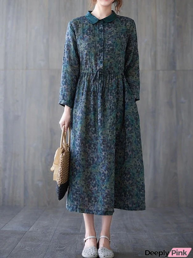Vintage Print Button Elastic Waist Long Sleeve Dress