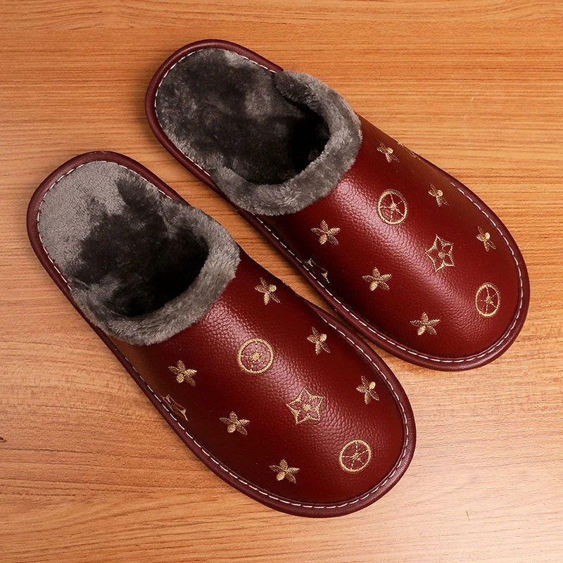 Hot Waterproof Leather Slippers Men Winter Warm Home Cotton Shoes Women Brand Luxury Indoor Fur Slippers Couple Shoes
