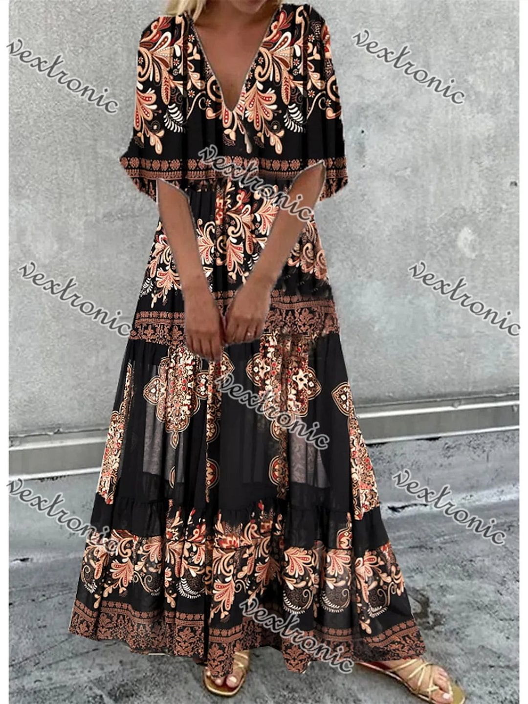 Women's Black V-neck Half Sleeve Graphic Maxi Dress