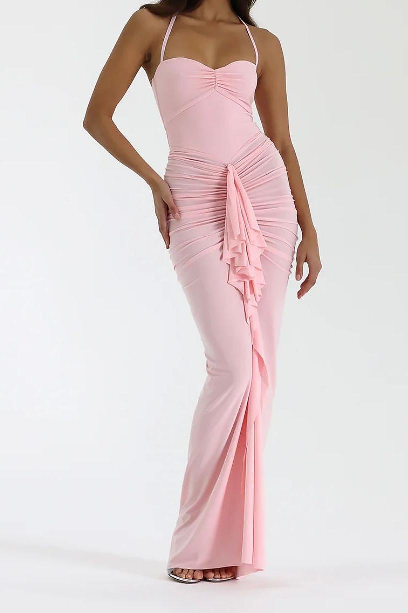 Lvs&Broner Pink Halter Sweetheart Sleeveless Pleated Long Prom Dress With Ruffles