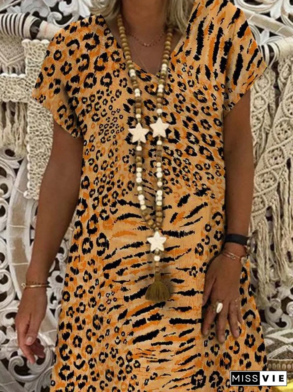 Leopard Short Sleeve Printed Polyester V neck Vintage Summer Orange Dress