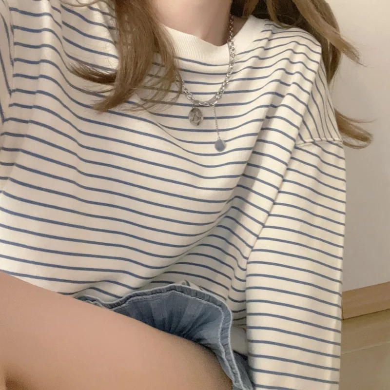 Brownm Brownm Female Early Autumn 2024 New Korean Version Loose Design Sense Striped Top Round Collar Long-Sleeved T-Shirt Tide