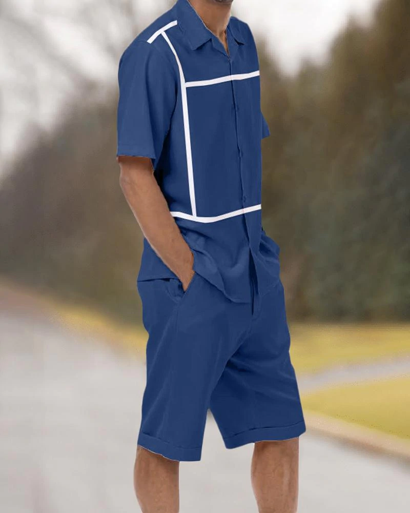 Navy Minimalist Line Design 2 Piece Short Sleeve Walking Suit with Shorts