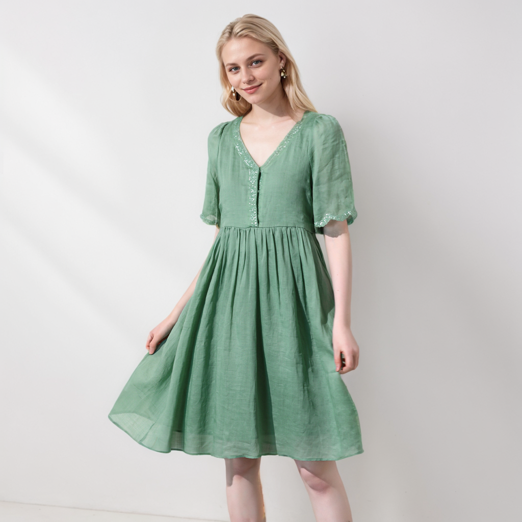 Pure Ramie Embroidered Dress V-neck Medium Length REAL SILK LIFE