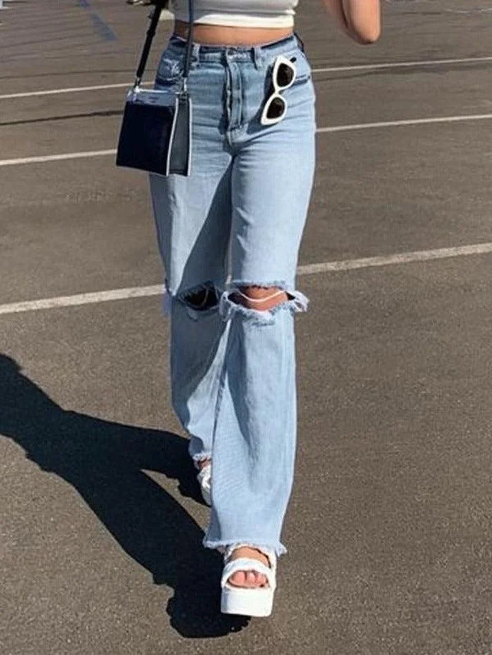 Brownm Washed High Waist Knee Ripped Jeans