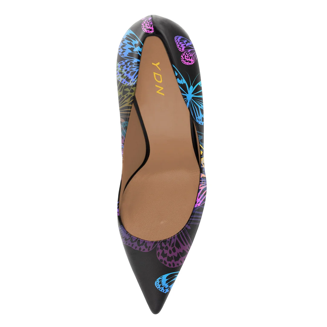 Colorful Butterfly Printed Vegan Leather Pointed Flared Heel Pumps
