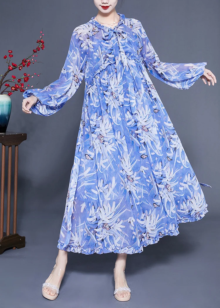 Boho Blue Ruffled Print Exra Large Hem Silk Beach Dresses Lantern Sleeve