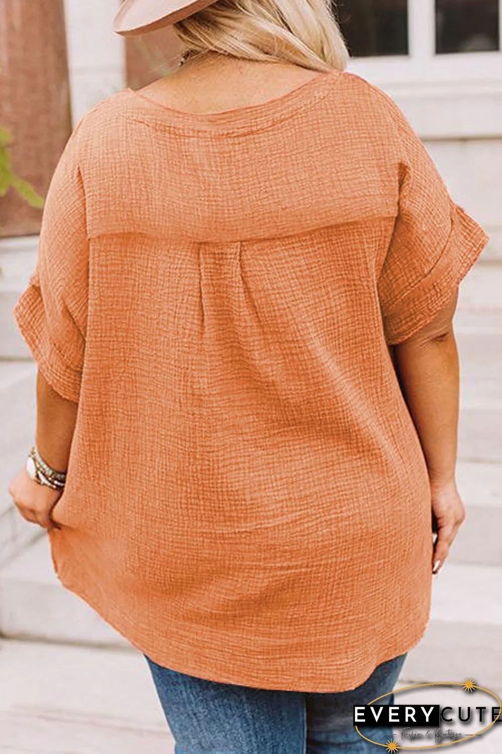 Red Textured Pocket Split V Neck Plus Size Top