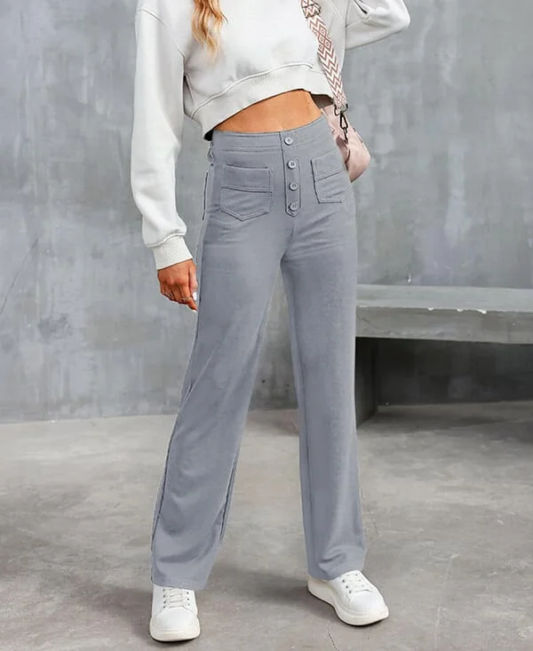 🔥High Waist Button With Multiple Pockets Casual Straight Leg Trousers