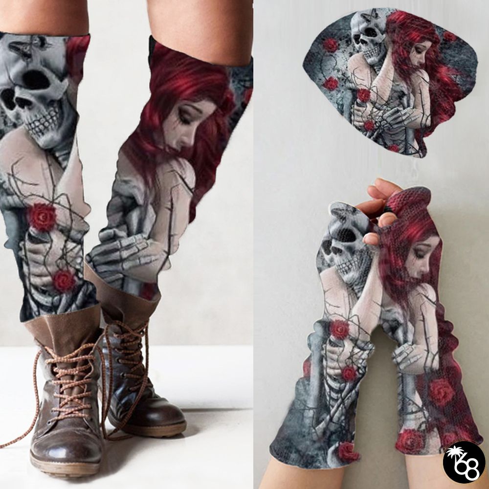 Punk skull print knitted hat +leg warmers + fingerless gloves set | 168DEAL