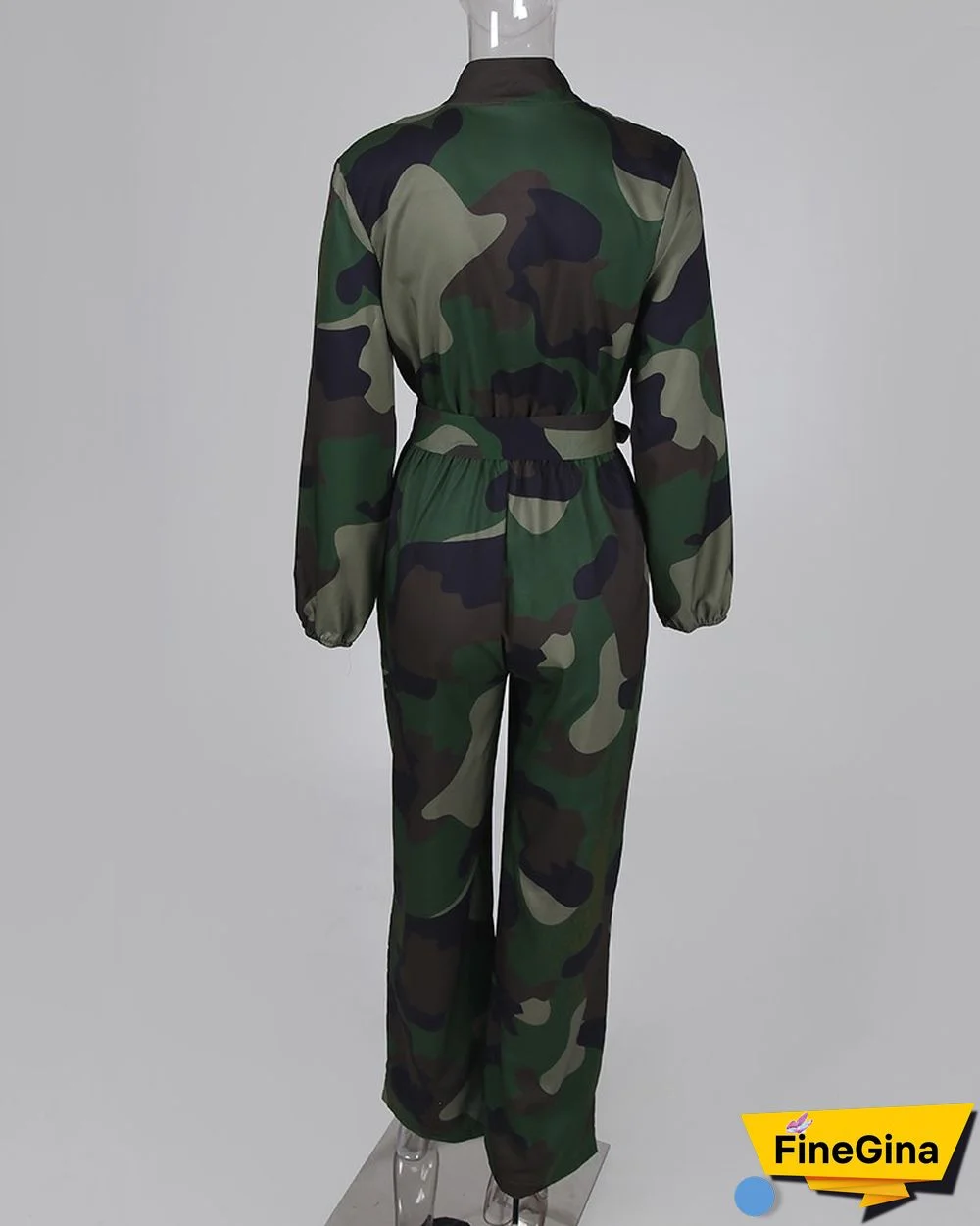 V Neck Camouflage Print Buttoned Jumpsuit
