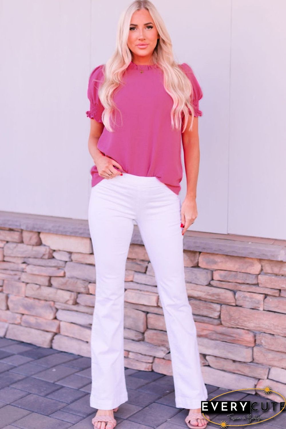 Rose Solid Color Smocked Puff Sleeve Blouse