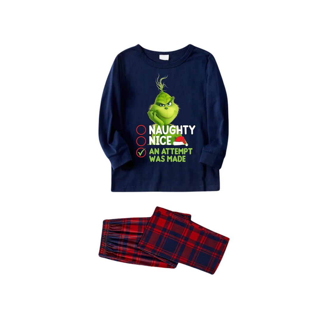 Cute Cartoon Pattern and Slogan Text Printed Red and Blue Plaid Christmas Matching Pajamas