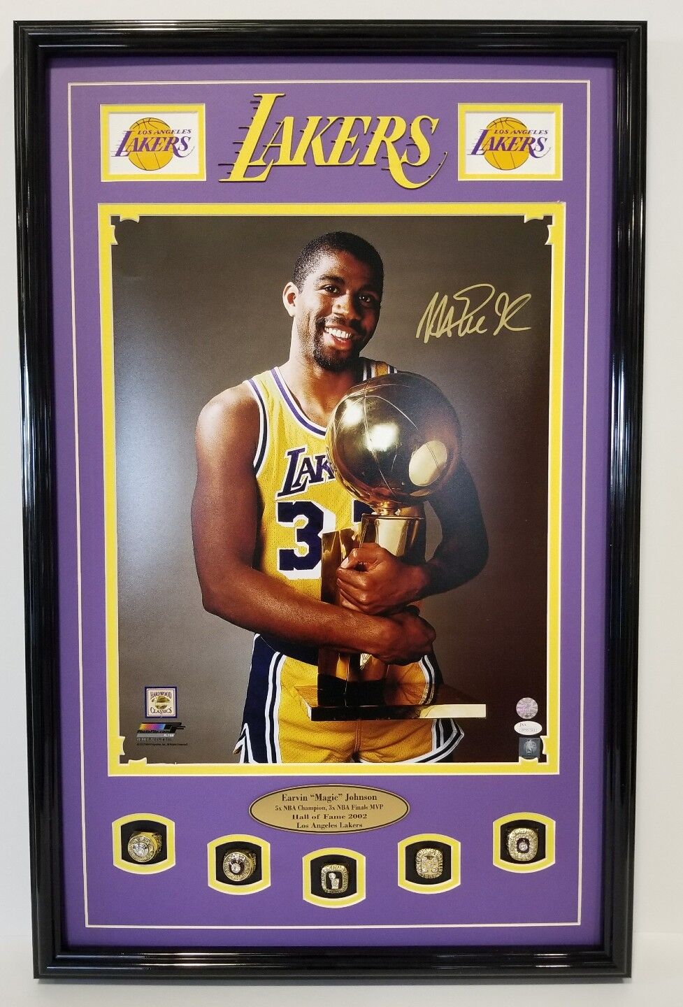 MAGIC JOHNSON Signed Los Angeles Lakers 16x20 Photo Poster painting, Rings Framed. WITNESS JSA