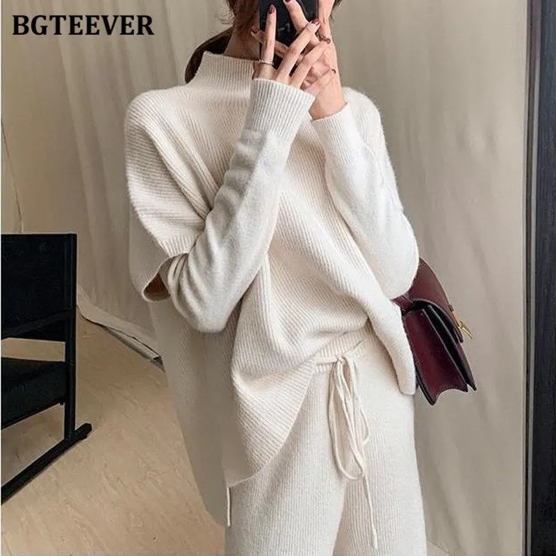 BGTEEVER Winter 3 Pieces Sweater Set Women Half Turtleneck Vest & O-neck Pullovers & Lace-up Loose Pants 2020 Female Knitted Set