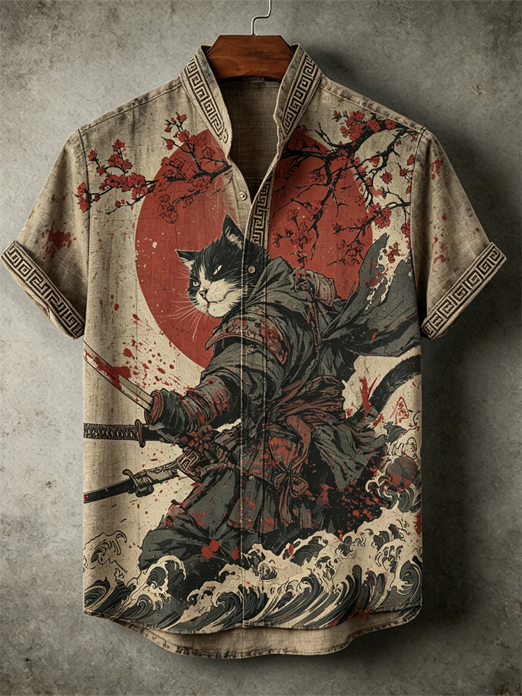 Comstylish Men's Bloody Cat Samurai Sea Waves Japanese Art Linen Shirt