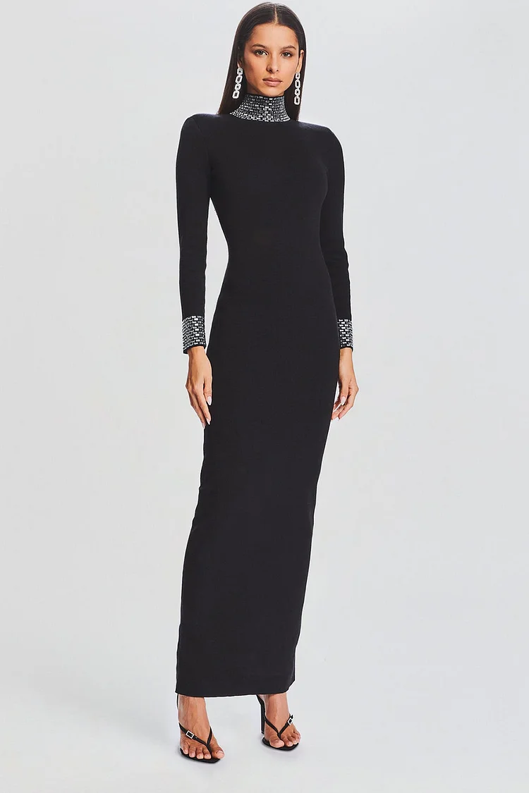 Rhinestone Patchwork High Neck Long Sleeve Maxi Dress-Black