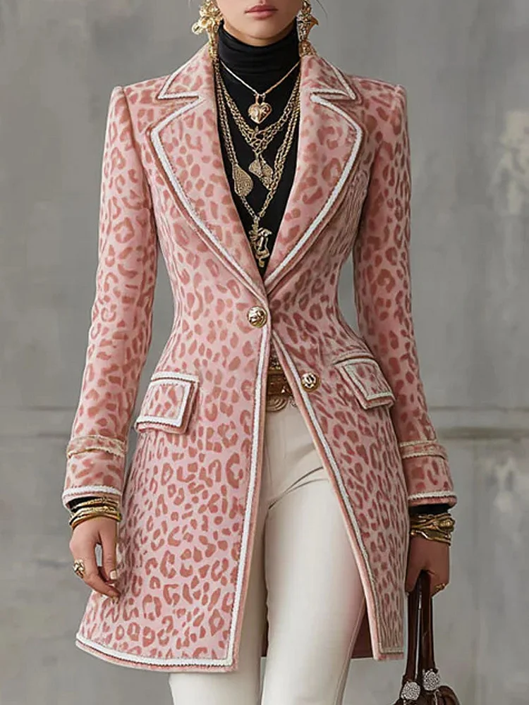 【24-hour shipping out】Lapel Single-breasted Pink Leopard Print Mid-length Coat