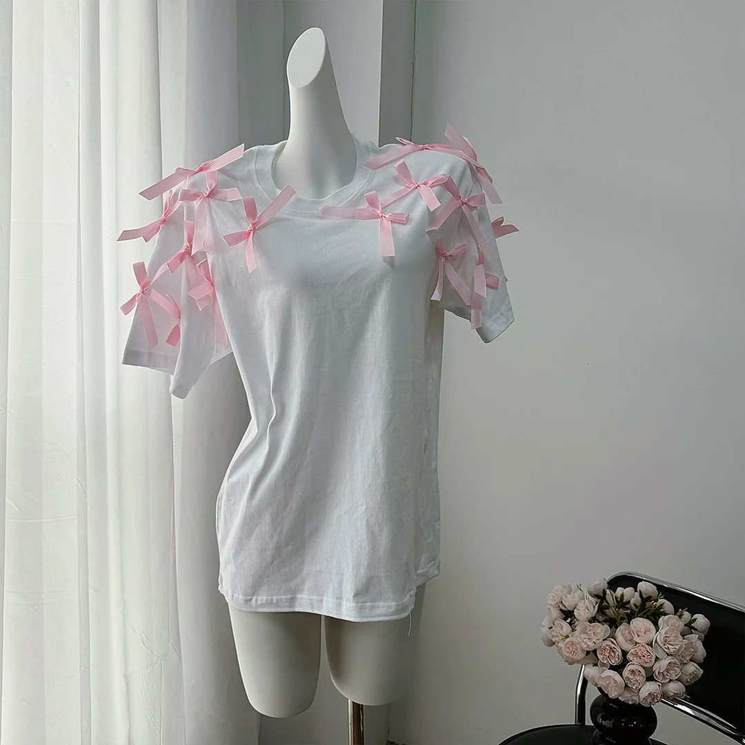 Athvotar Athvotar Girl Ribbon Bow Loose Short-Sleeved T-Shirt In Wind Loose Cotton Casual Blouse