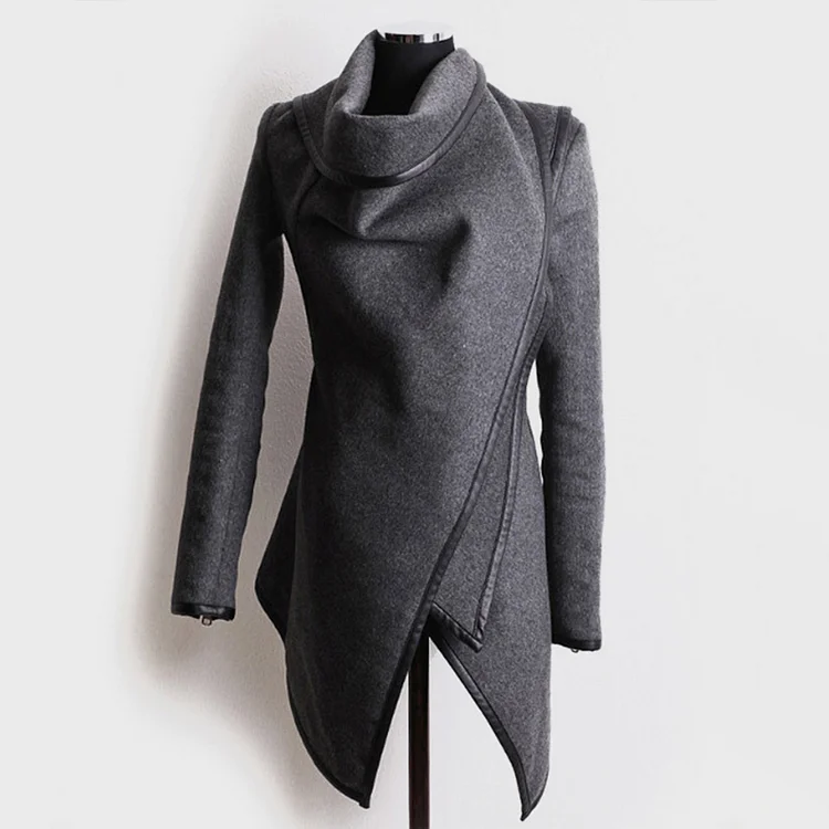 Cowl Neck Long Sleeve Asymmetrical Wrap Cuff Zipper Woolen Coat