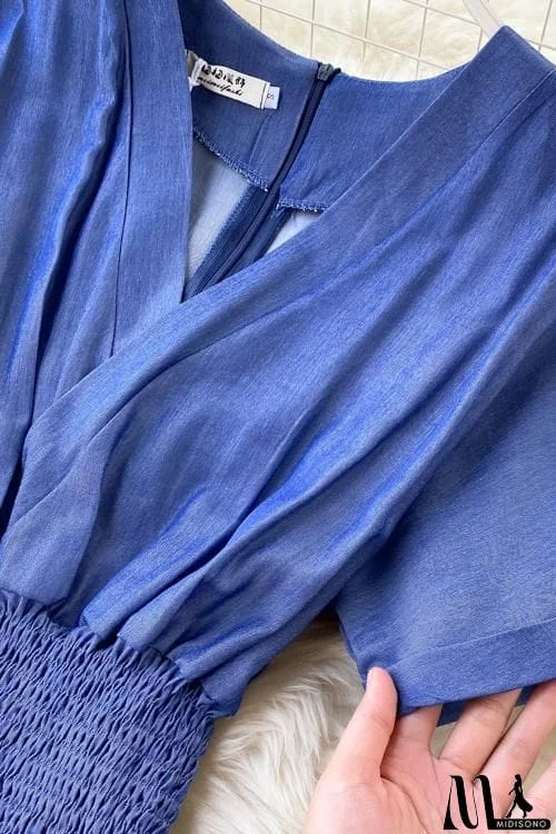 MidiSono - Elastic Waist  V Neck Denim Jumpusits